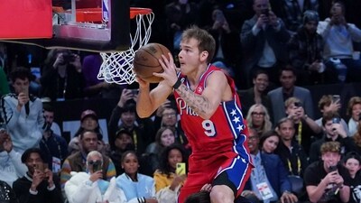 Philadelphia 76ers guard Mac McClung (9) competes in the Dunk Contest during the 2023 All Star Saturday Night at Vivint Arena. (USA TODAY Sports)
