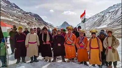 BJP MP Jamyang Tsering Namgyal with residents of Lungnak valley of Zanskar. (PTI (video grab))