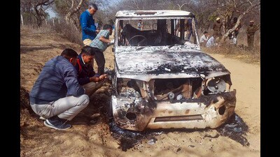 Charred remains of a vehicle where bodies of two Muslim men were found, Bhiwani, Haryana (PTI) Charred remains of a vehicle where bodies of two Muslim men were found, Bhiwani, Haryana (PTI)