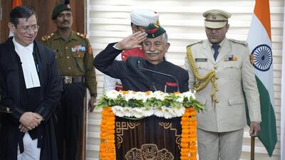 Chief justice of the high court of J&K and Ladakh justice N. Kotiswar Singh administered the oath of office to BD Mishra (Twitter/@DIPR_Leh) Chief justice of the high court of J&K and Ladakh justice N. Kotiswar Singh administered the oath of office to BD Mishra (Twitter/@DIPR_Leh)