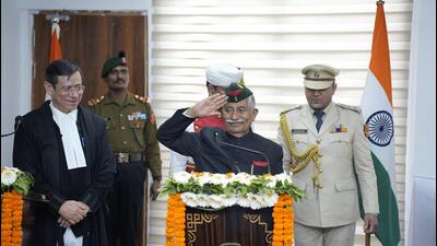 Chief justice of the high court of J&K and Ladakh Justice N Kotiswar Singh administered the oath of office to lieutenant governor BD Mishra in Leh on Sunday. (Twitter/@DIPR_Leh)