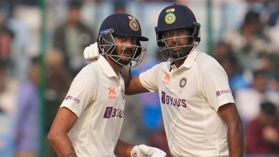 Ravichandran Ashwin, right, and Axar Patel, talk to each other during the second day of the second cricket test match between India and Australia in New Delhi. (AP) Ravichandran Ashwin, right, and Axar Patel, talk to each other during the second day of the second cricket test match between India and Australia in New Delhi. (AP)