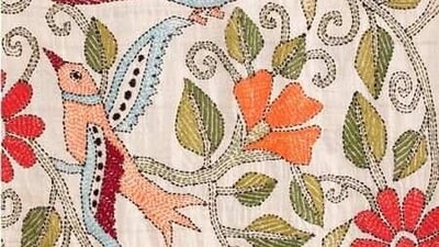 Kantha: Originating from West Bengal and Bangladesh, Kantha is a form of embroidery that uses running stitches to create beautiful patterns on fabrics. It is commonly used to make sarees, dupattas, and bedspreads. (Pinterest) Kantha: Originating from West Bengal and Bangladesh, Kantha is a form of embroidery that uses running stitches to create beautiful patterns on fabrics. It is commonly used to make sarees, dupattas, and bedspreads. (Pinterest)