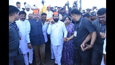 Maha CM Eknath Shinde and Dy CM Devendra Fadnavis at Shivneri fort in Pune on Sunday. (HT PHOTO) Maha CM Eknath Shinde and Dy CM Devendra Fadnavis at Shivneri fort in Pune on Sunday. (HT PHOTO)