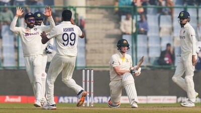 Indian bowler Ravichandran Ashwin celebrates with teammate Virat Kohli after the wicket of Australian batter Steve Smith during the third day of the 2nd test (PTI) Indian bowler Ravichandran Ashwin celebrates with teammate Virat Kohli after the wicket of Australian batter Steve Smith during the third day of the 2nd test (PTI)