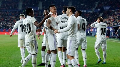 Soccer Football - LaLiga - Osasuna v Real Madrid - El Sadar Stadium, Pamplona, Spain - February 18, 2023 Real Madrid's Marco Asensio celebrates scoring their second goal with teammate Vinicius Junior REUTERS/Vincent West (REUTERS)