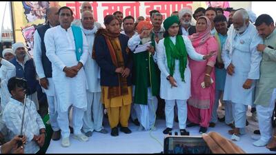 The “Beti Mange Insaf” (daughter seeks justice) mahapachayat was called by the national president of the NCP students’ wing, Sonia Doohan, who has launched a campaign for the removal of Haryana minister Sandeep Singh from the state cabinet as he is facing a criminal case for allegedly outraging the modesty of a woman coach. (HT Photo)