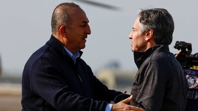 US Secretary of State Antony Blinken is greeted by Turkish Foreign Minister Mevlut Cavusoglu, at Incirlik Air Base near Adana, Turkey. (AP) US Secretary of State Antony Blinken is greeted by Turkish Foreign Minister Mevlut Cavusoglu, at Incirlik Air Base near Adana, Turkey. (AP)