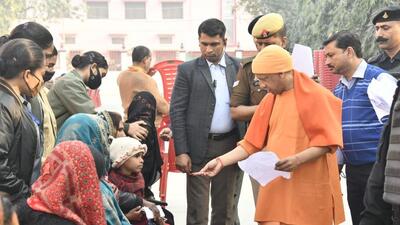 Uttar Pradesh chief minister Yogi Adityanath at Janata Darshan programme in Gorakhpur on Sunday. (HT PHOTO)