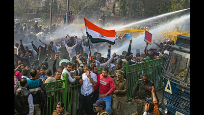 Water cannons beings used on government employees of Haryana during a protest demanding the restoration of the old pension scheme, at Panchkula-Chandigarh border, in Panchkula on Sunday. The budget session will begin on Monday. Haryana CM Manohar Lal Khattar will present the budget on February 23. (PTI) Water cannons beings used on government employees of Haryana during a protest demanding the restoration of the old pension scheme, at Panchkula-Chandigarh border, in Panchkula on Sunday. The budget session will begin on Monday. Haryana CM Manohar Lal Khattar will present the budget on February 23. (PTI)