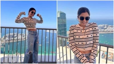 Rashmika Mandanna's cropped sweater, distressed denims is a must-have (Instagram/@rashmika_mandanna) Rashmika Mandanna's cropped sweater, distressed denims is a must-have (Instagram/@rashmika_mandanna)