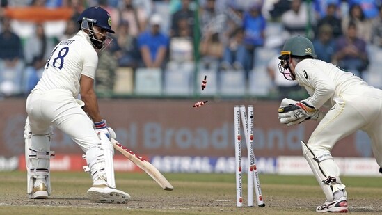 Virat Kohli looks back while being stumped by Alex Carey during Day 3 of the second Test between India against Australia at the Arun Jaitley Stadium in New Delhi on Sunday.(ANI)