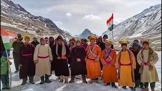 BJP MP Jamyang Tsering Namgyal with residents of Lungnak valley of Zanskar. (PTI (video grab))