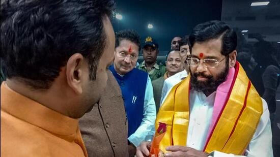 Maharashtra chief minister Eknath Shinde in Agra on Sunday. (PTI PHOTO)