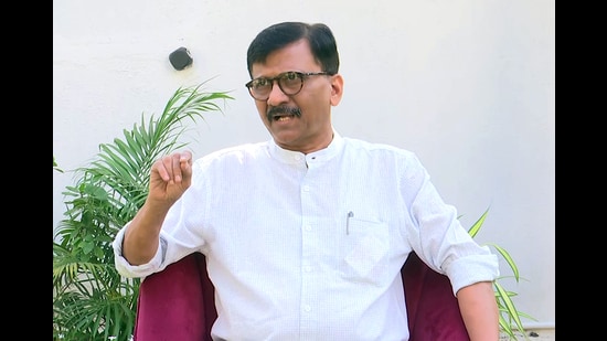 Shiv Sena (Uddhav Balasaheb Thackeray) MP Sanjay Raut speaks to the media on Election Commission allotting the Shiv Sena name, bow-and-arrow symbol to the Shinde faction, in Mumbai on Sunday. (ANI)