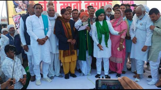 The “Beti Mange Insaf” (daughter seeks justice) mahapachayat was called by the national president of the NCP students’ wing, Sonia Doohan, who has launched a campaign for the removal of Haryana minister Sandeep Singh from the state cabinet as he is facing a criminal case for allegedly outraging the modesty of a woman coach. (HT Photo)