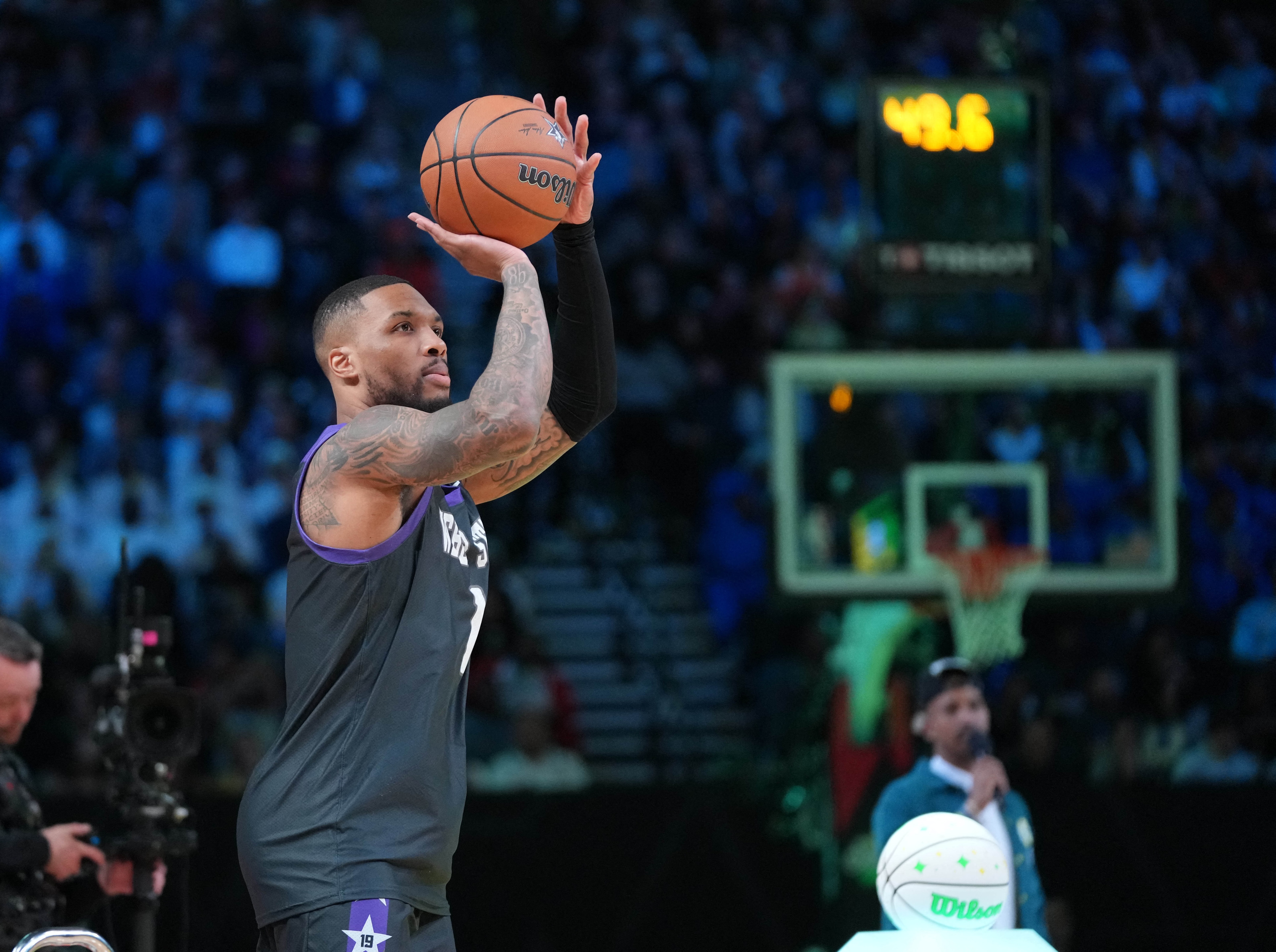 Portland Trail Blazers guard Damian Lillard competes in the 3-Point Contest during the 2023 All Star Saturday Night at Vivint Arena. (USA TODAY Sports)