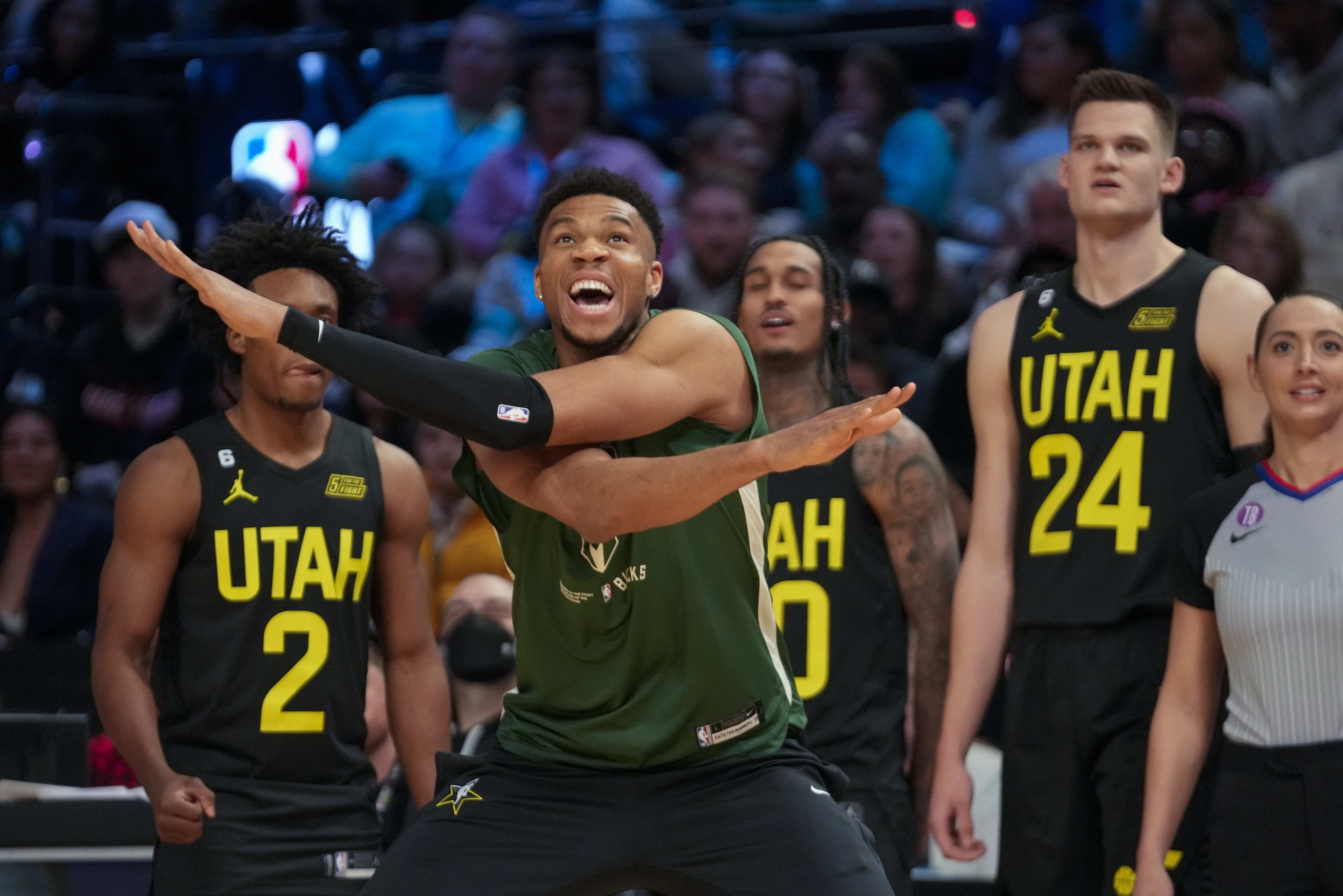 Milwaukee Bucks Giannis Antetokounmpo reacts during the skills challenge of the NBA basketball All-Star weekend. (AP)