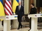 US President Joe Biden, left, and Ukrainian President Volodymyr Zelensky arrive to deliver statements at Mariinsky Palace during an unannounced visit, in Kyiv, Ukraine, Monday. US President Joe Biden, left, and Ukrainian President Volodymyr Zelensky arrive to deliver statements at Mariinsky Palace during an unannounced visit, in Kyiv, Ukraine, Monday.