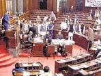 Opposition MPs raise slogans in the well of Rajya Sabha, in New Delhi on Monday. (ANI) Opposition MPs raise slogans in the well of Rajya Sabha, in New Delhi on Monday. (ANI)
