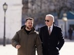 US President Joe Biden (R) walks next to Ukrainian President Volodymyr Zelensky (L) as he arrives for a visit in Kyiv on February 20, 2023. US President Joe Biden (R) walks next to Ukrainian President Volodymyr Zelensky (L) as he arrives for a visit in Kyiv on February 20, 2023.