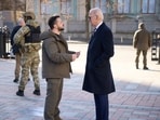 Joe Biden Ukraine Visit: US President Joe Biden (R) and Ukrainian President Volodymyr Zelensky (L) visiting the Walk of the Brave on Constitution Square.