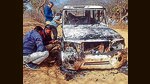 Bhiwani: Charred remains of a vehicle where bodies of two Muslim men were found, at Loharu in Bhiwani district, Haryana. 