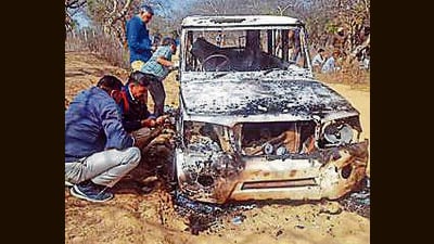 Bhiwani: Charred remains of a vehicle where bodies of two Muslim men were found, at Loharu in Bhiwani district, Haryana.