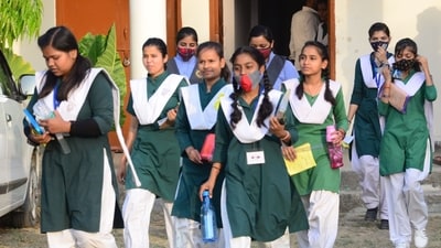 Students coming out after appearing in UP Board exams-2022 from a centre in Prayagraj on Thursday. (HT PHOTO)