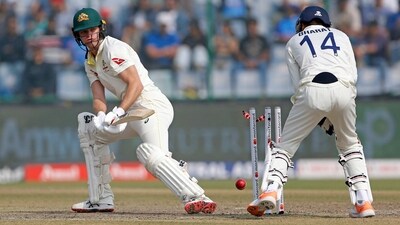 Australia's Matthew Kuhnemann gets clean bowled during the third day of the second test match against India, at Arun Jaitley Stadium, in New Delhi. (ANI) Australia's Matthew Kuhnemann gets clean bowled during the third day of the second test match against India, at Arun Jaitley Stadium, in New Delhi. (ANI)