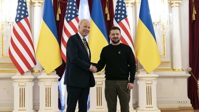 Joe Biden in Ukraine: US President Joe Biden, left, shakes hands with Ukrainian President Volodymyr Zelensky in Kyiv. (AP) Joe Biden in Ukraine: US President Joe Biden, left, shakes hands with Ukrainian President Volodymyr Zelensky in Kyiv. (AP)