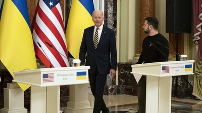 US President Joe Biden, left, and Ukrainian President Volodymyr Zelensky arrive to deliver statements at Mariinsky Palace during an unannounced visit, in Kyiv, Ukraine, Monday. (AP) US President Joe Biden, left, and Ukrainian President Volodymyr Zelensky arrive to deliver statements at Mariinsky Palace during an unannounced visit, in Kyiv, Ukraine, Monday. (AP)