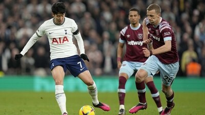 Tottenham's Son Heung-min, left, in action against West Ham's Tomas Soucek (AP) Tottenham's Son Heung-min, left, in action against West Ham's Tomas Soucek (AP)