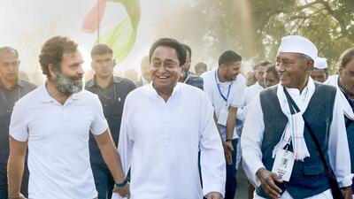 Congress leader Rahul Gandhi with senior party leaders Digvijaya Singh and Kamal Nath during the party's 'Bharat Jodo Yatra', in Burhanpur district on November 22, 2022. (PTI File Photo/INC)
