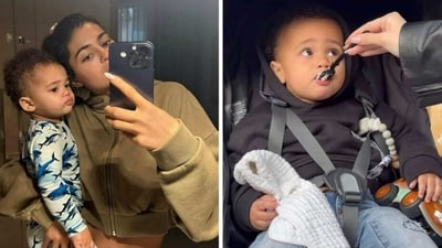 Kylie Jenner's son Aire eats ice cream.