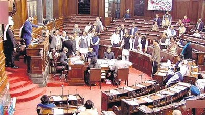 Opposition MPs raise slogans in the well of Rajya Sabha, in New Delhi on Monday. (ANI) (HT_PRINT) Opposition MPs raise slogans in the well of Rajya Sabha, in New Delhi on Monday. (ANI) (HT_PRINT)