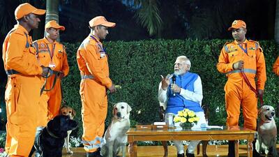 Prime Minister Narendra Modi interacts with NDRF personnel and rescue dogs involved in ‘Operation Dost’ in Türkiye and Syria, in New Delhi on Monday. (PTI) Prime Minister Narendra Modi interacts with NDRF personnel and rescue dogs involved in ‘Operation Dost’ in Türkiye and Syria, in New Delhi on Monday. (PTI)