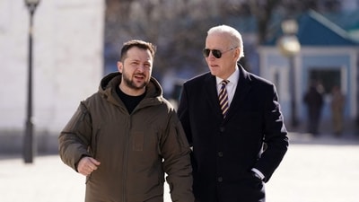 US President Joe Biden (R) walks next to Ukrainian President Volodymyr Zelensky (L) as he arrives for a visit in Kyiv on February 20, 2023. (AFP) US President Joe Biden (R) walks next to Ukrainian President Volodymyr Zelensky (L) as he arrives for a visit in Kyiv on February 20, 2023. (AFP)
