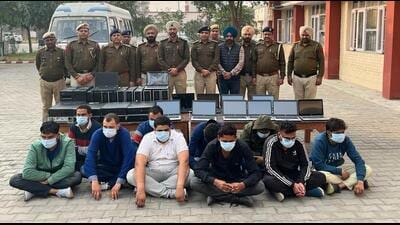 Two days after the Crime Investigation Agency (CIA) of the Ambala police busted a gang involved in helping the aspirants of the Kendriya Vidyalaya Sangathan’s (KVS) Trained Graduate Teacher (TGT) exam, SP Jashandeep Singh Randhawa on Monday said 20 CPUs, 12 laptops and 13 mobile phones have been seized from 10 accused. (HT Photo)