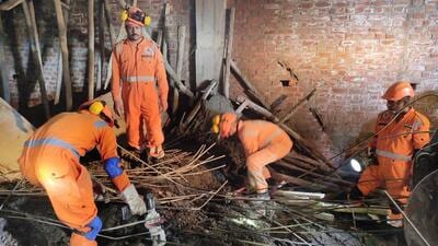 Two workers were killed after the shuttering of the under-construction building collapsed in Ghaziabad on Sunday. (Sakib Ali/HT PHOTO)
