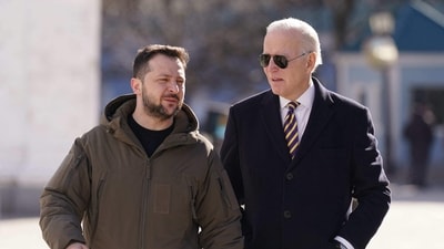 US President Joe Biden (R) walks next to Ukrainian President Volodymyr Zelensky (L) as he arrives for a visit in Kyiv on February 20, 2023. (AFP) US President Joe Biden (R) walks next to Ukrainian President Volodymyr Zelensky (L) as he arrives for a visit in Kyiv on February 20, 2023. (AFP)