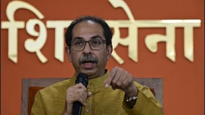 Uddhav Thackeray addresses the media during a press conference at Sena Bhavan in Dadar in Mumbai on Monday. (Anshuman Poyrekar/HT PHOTO) Uddhav Thackeray addresses the media during a press conference at Sena Bhavan in Dadar in Mumbai on Monday. (Anshuman Poyrekar/HT PHOTO)