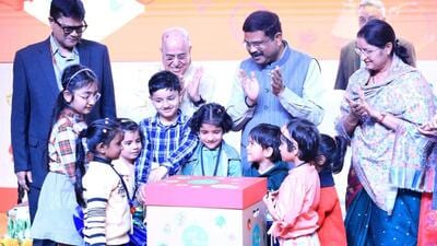 Union education minister Dharmendra Pradhan at the launch of “Jaadui Pitara”, a play-based learning material for children in the age group of three to eight years. (HT photo)
