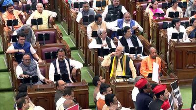 Uttar Pradesh chief minister Yogi Adityanath and his cabinet colleagues inside the Uttar Pradesh assembly. (ANI PHOTO) Uttar Pradesh chief minister Yogi Adityanath and his cabinet colleagues inside the Uttar Pradesh assembly. (ANI PHOTO)