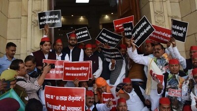SP legislators hold placards with anti-government slogans on the first day of UP assembly budget session in Lucknow, Uttar Pradesh India on Monday February 20, 2023. HT Photo SP legislators hold placards with anti-government slogans on the first day of UP assembly budget session in Lucknow, Uttar Pradesh India on Monday February 20, 2023. HT Photo