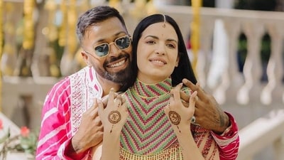 Hardik Pandya and Natasa Stankovic also had a mehendi cum haldi ceremony ahead of their Hindu and Christian wedding ceremony. Hardik and Agastya wore pink while Natasa wore yellow for the day function. Hardik Pandya and Natasa Stankovic also had a mehendi cum haldi ceremony ahead of their Hindu and Christian wedding ceremony. Hardik and Agastya wore pink while Natasa wore yellow for the day function. 