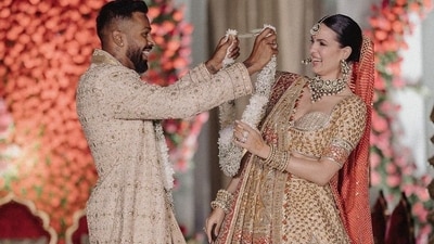 Hardik Pandya and Natasa Stankovic also had a fun varmala ceremony. Natasa wore an ivory and red lehenga for the nuptials. Hardik Pandya and Natasa Stankovic also had a fun varmala ceremony. Natasa wore an ivory and red lehenga for the nuptials. 