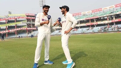 Axar Patel and Ravindra Jadeja in a playful mood after India's 6-wicket win over Australia in Delhi. (BCCI) Axar Patel and Ravindra Jadeja in a playful mood after India's 6-wicket win over Australia in Delhi. (BCCI)