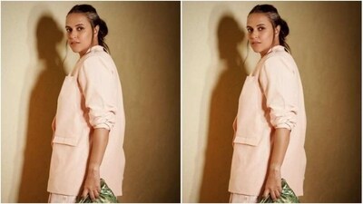 Neha played muse to fashion designer house The Little Black Bow and picked a pastel pink pantsuit from the shelves of the designer house. (Instagram/@nehadhupia) Neha played muse to fashion designer house The Little Black Bow and picked a pastel pink pantsuit from the shelves of the designer house. (Instagram/@nehadhupia)