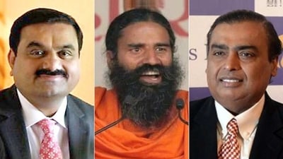 Yoga guru Ramdev (centre), Mukesh Ambani (right) and Gautam Adani. Yoga guru Ramdev (centre), Mukesh Ambani (right) and Gautam Adani.
